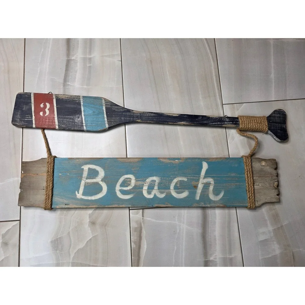 Rustic Wooden Beach Sign with Oar Nautical Wall Decor Distressed Coastal Art